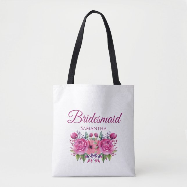 Bolsa Tote Buquê de Flores Rosa em Aquarela - Presente para D (Frente)
