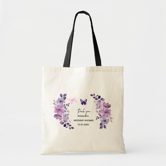 Bolsa Tote Buquê de flores roxas aquarela (Frente)
