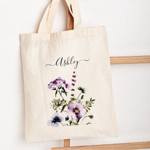 Bolsa Tote Buquê de Flores Silvestres Roxas Aquarela Floral