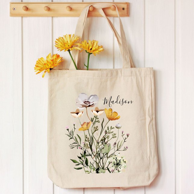 Bolsa Tote Buquê de Flores Silvestres Secas com Caligrafia Mo (In situ)
