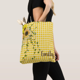 Bolsa Tote buquê de girassol e marinheiro em gingham amarelo