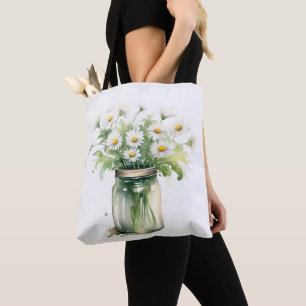 Bolsa Tote Buquê De Margarida De Aquarela Em Mason Jar