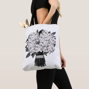 Bolsa Tote Buquê de Rosas de Caveira Preto e Branco Gótico