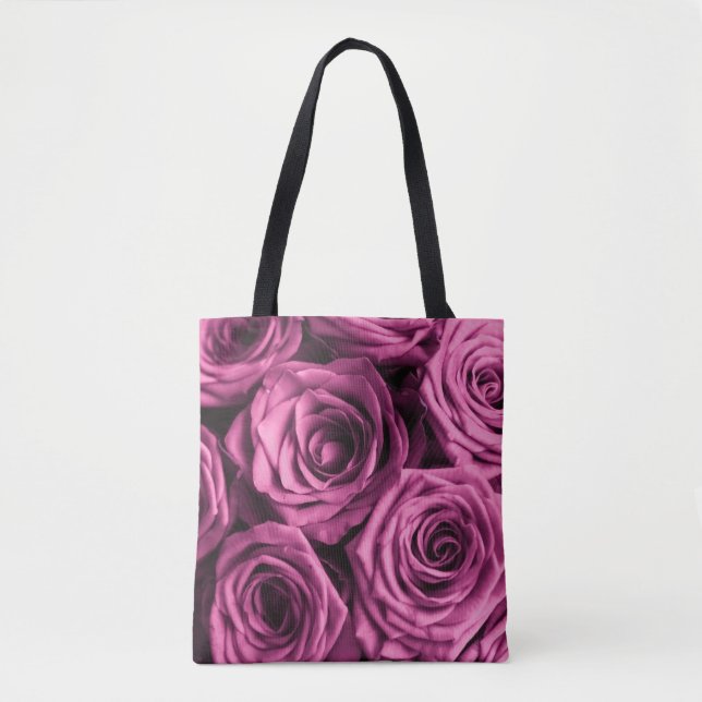 Bolsa Tote Buquê de rosas roxos, flores fundo floral (Frente)