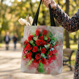 Bolsa Tote Buquê de Rosas Vermelhas Aquarela em Fundo Branco