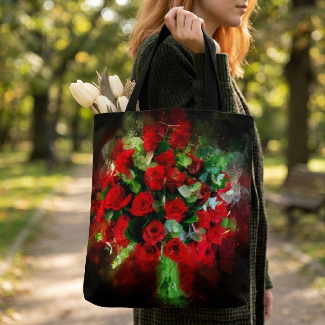 Bolsa Tote Buquê de Rosas Vermelhas Aquarela em Fundo Preto (Red Roses Bouquet Watercolor on Black Background. Tote Bag)