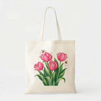 Bolsa Tote Buquê de Tulipas Rosa com Desenho Botânico de Abel