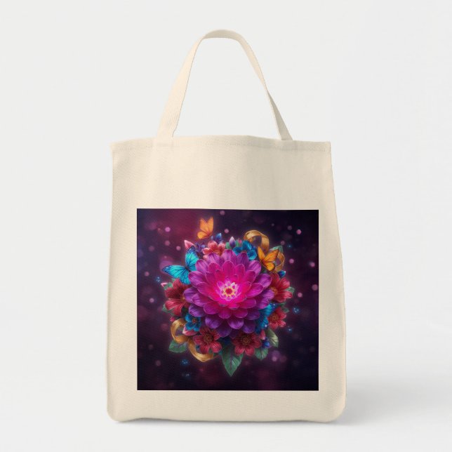 Bolsa Tote Buquê Digital Luminoso com Arte de Borboletas (Frente)
