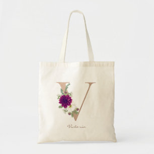 Bolsa Tote Buquê floral de dália monograma em letra V dourado