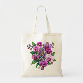 Bolsa Tote Buquê Floral de Orquídea Roxa Hamsa Mão Olho do Ma