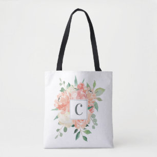 Bolsa Tote Buquê Floral de Pêssego com qualquer Monograma