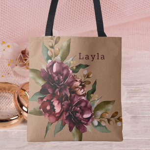 Bolsa Tote Buquê Floral Outonal Aquarela Borgonha Damas de Ho