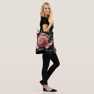 Bolsa Tote Buquê Floral Rosa Romântico em Preto