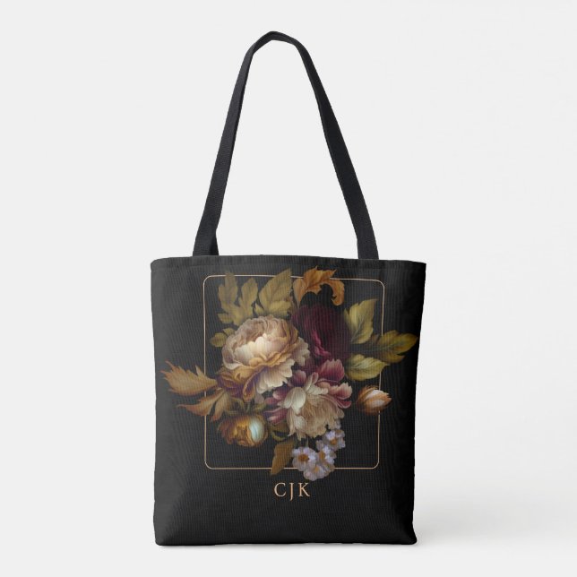 Bolsa Tote Buquê Floral Velho Escuro com Monograma (Verso)