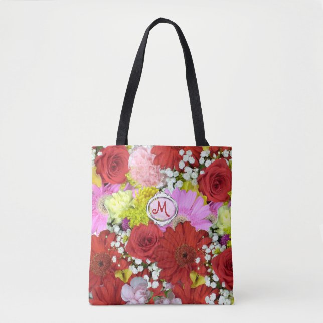 Bolsa Tote Buquê Floral Vibrante com Flores Vermelhas (Frente)