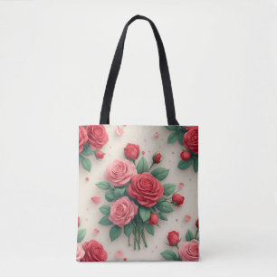 Bolsa Tote Buquês de Rosas Rosa e Vermelho Elegantes