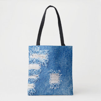 Bolsa Tote Buraco nos Jeans Denim. Azul torno destruído