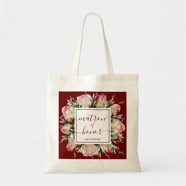 Bolsa Tote Burgundy Blush Pink Matrimônio Floral de Honra (Frente)