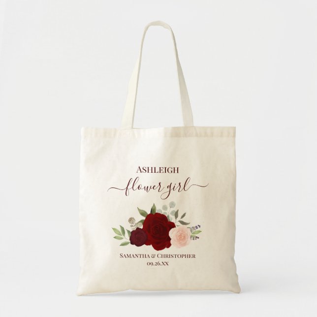 Bolsa Tote Burgundy Blush Roses Elegant Flower Girl Wedding (Frente)