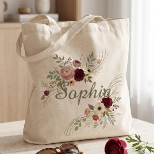 Bolsa Tote Burgundy e Blush Floral Personalizado em Aquarela
