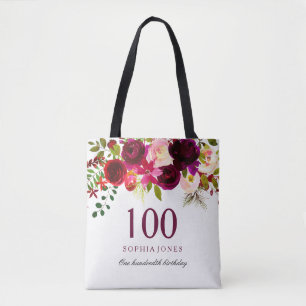 Bolsa Tote Burgundy Floral Boho 100ª Festa de aniversário