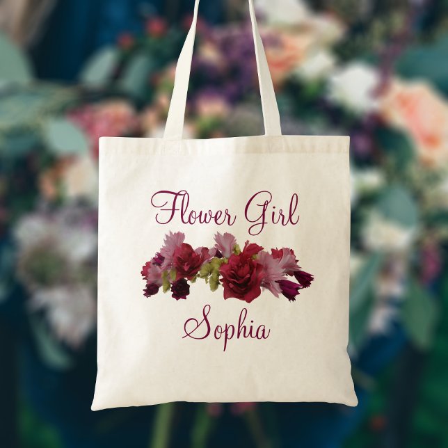 Bolsa Tote Burgundy Floral Flower Girl Casou Tote Bag (A pretty burgundy floral design with space for your Flower Girl's name.)