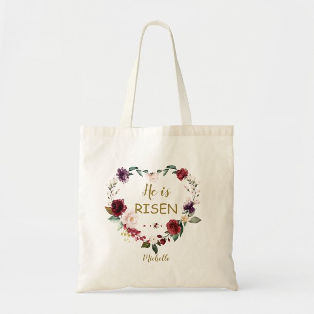 Bolsa Tote Burgundy Floral Heart Felz pascoa Ele Está Risen (Frente)