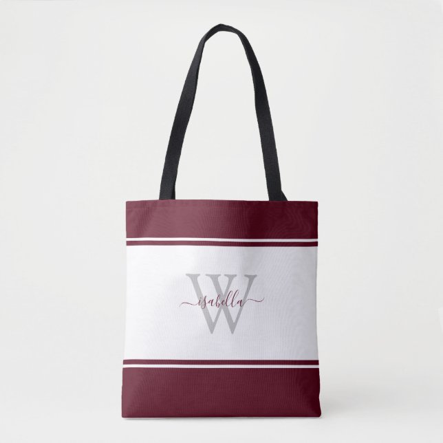 Bolsa Tote Burgundy Inicial de Script Monograma (Frente)