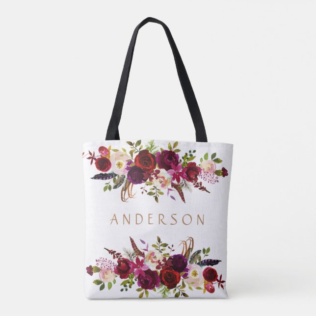 Bolsa Tote Burgundy Marsala Watercolor Bohemian Floral (Verso)