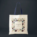Bolsa Tote Burgundy Navy Padrão Floral Personalizado para a N<br><div class="desc">Esta bolsa tote apresenta um padrão floral burgundy & navy em aquarela com folhagem verde,  e pode ser personalizada com o seu texto personalizado.</div>