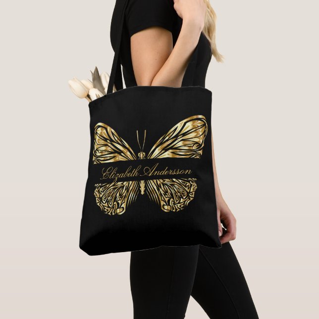Bolsa Tote Butterfly black gold elegant name script (Close Up)