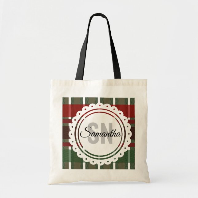 Bolsa Tote Cabana de Natal Moderna com Monograma Xadrez Bibli (Frente)