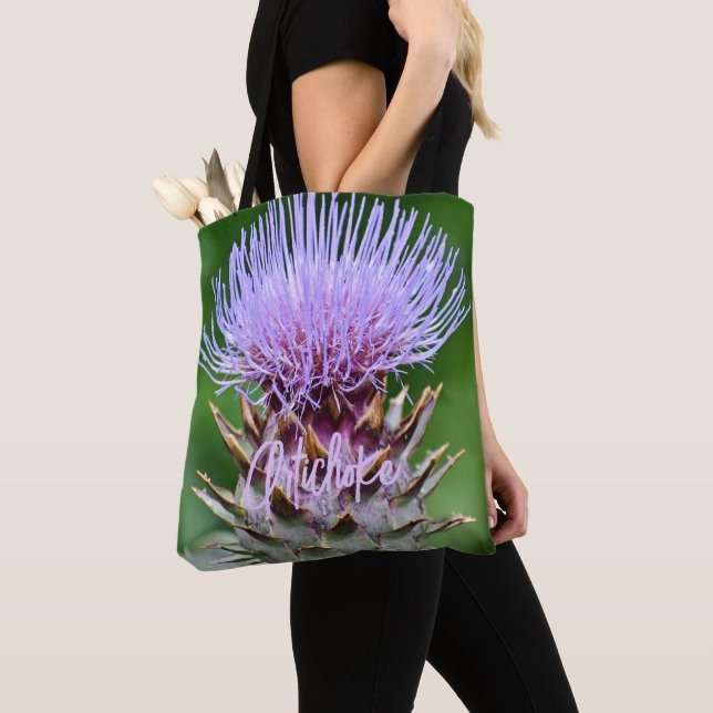 Bolsa Tote Cabeça de Cardo de Alcachofra Roxa Floral (Close Up)