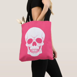 Bolsa Tote Cabeça de Crânio Rosa e Branco Assustador de Hallo