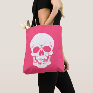 Bolsa Tote Cabeça de Crânio Rosa e Branco Assustador de Hallo