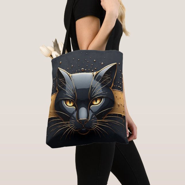 Bolsa Tote Cabeça de Gato Preto com Design de Gotejamento Dou (Close Up)