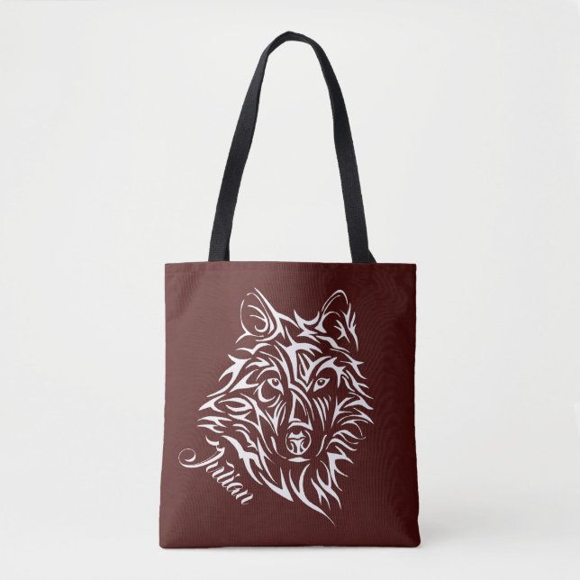 Bolsa Tote Cabeça de Lobo Branco em Nome Pessoal Vermelho San (Frente)