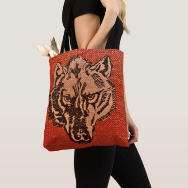 Bolsa Tote Cabeça de Lobo em Vermelho (Wolf Head on Red  Design Travel Tote Bag, laminated  for extra support. Made in USA. )