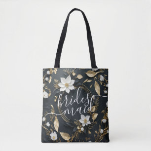 Bolsa Tote Cabeças Douradas Florais Brancas Negras