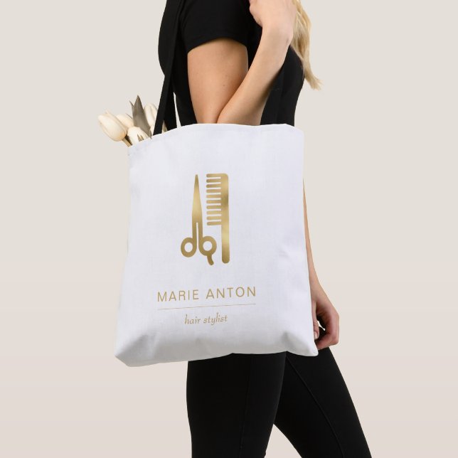 Bolsa Tote Cabeleireiro Chic Tesoura Pente Dourado (Close Up)