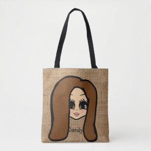 Bolsa Tote Cabelo marrom Impressão de Juta de Caricatura Per
