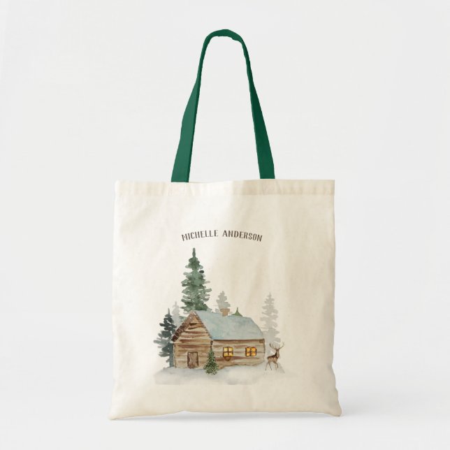 Bolsa Tote Cabine de floresta com veado personalizado (Frente)