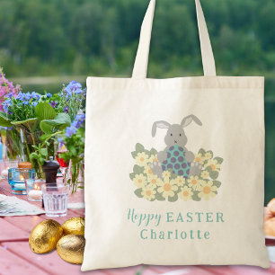 Bolsa Tote Caça ao Ovo de Páscoa Personalizada com Nome Coelh