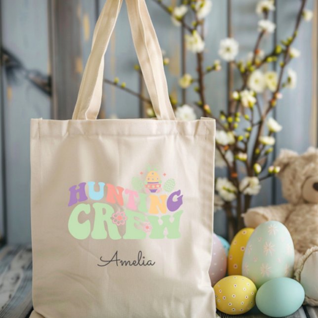 Bolsa Tote Caça De Ovos De Páscoa Em Pastel (Cute Colorful Hunting Crew Easter Egg Hunt Tote Bag, Personalized with Name, Pastel Retro Fun)