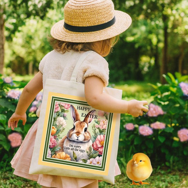 Bolsa Tote Caçada De Ovo De Coelhinho Engraçado (A funny tote bag featuring a fat bunny embraced by flowers. Beautiful for an Easter egg hunt.)