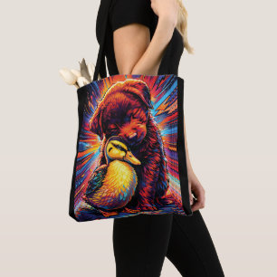 Bolsa Tote Cachorrinho Fofo e Patinho se Abraçam Pop Art