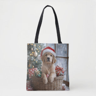 Bolsa Tote Cachorro Adorável com Papai Noel na Cesta