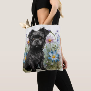 Bolsa Tote Cachorro Affenpinscher Fofo em um Campo de Flores