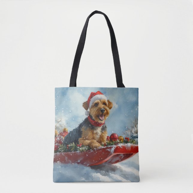 Bolsa Tote Cachorro Airedale no Trenó Deixe Nevar Natal (Frente)