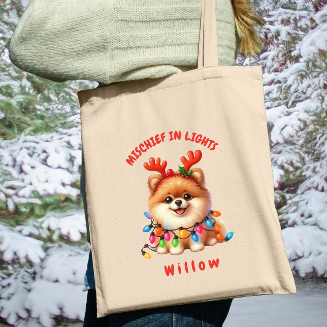 Bolsa Tote Cachorro Aquarela Pomerânia Luzes Festivas (Carry festive cheer with this custom fun Pomeranian dog tote bag. A perfect gift for dog lovers.)